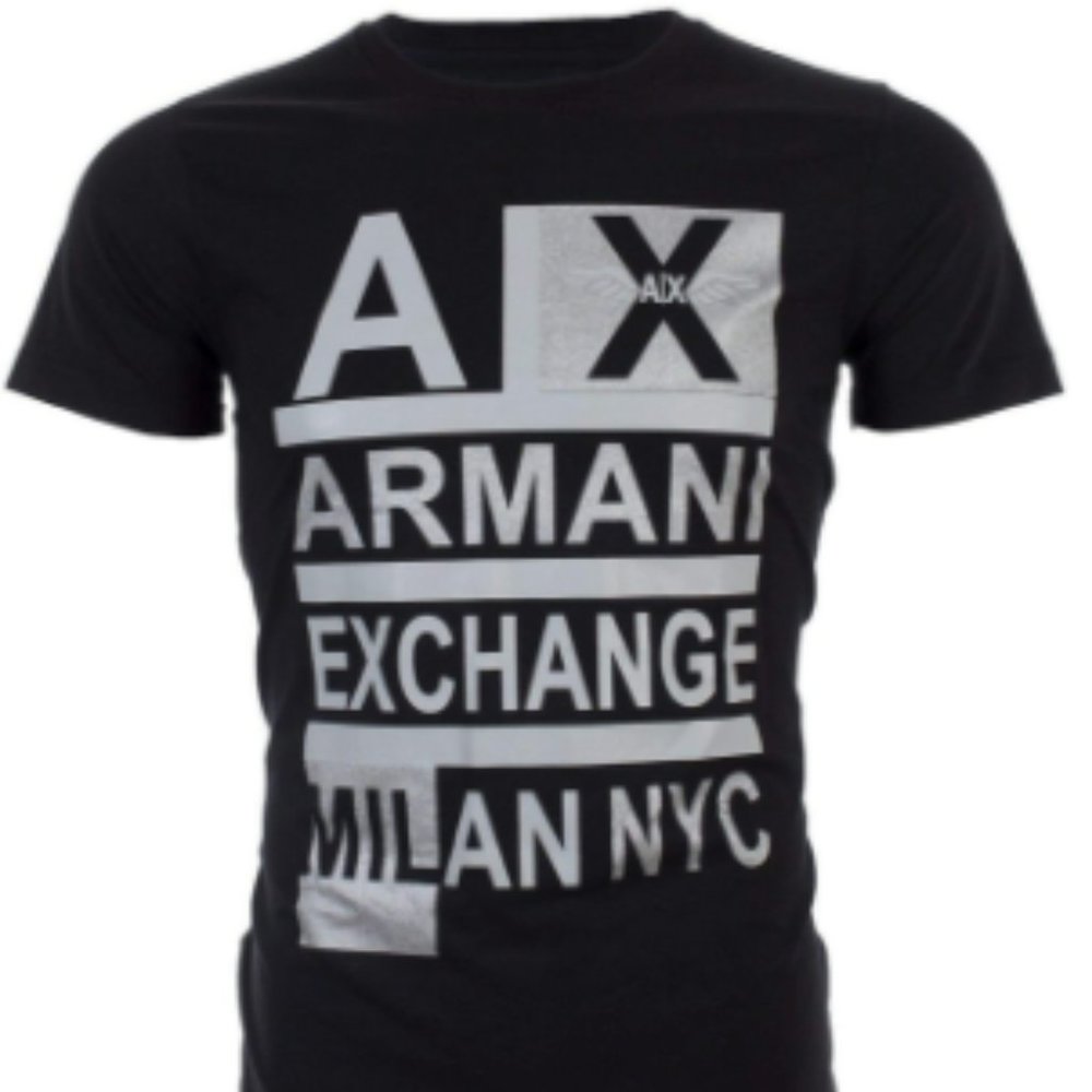 ARMANI EXCHANGE Mens Short Sleeve STACKED crewneck T-Shirt (Black)